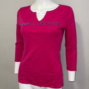 S DKNY Jeans women’s beaded Hot pink  long sleeve t-shirt blouse top